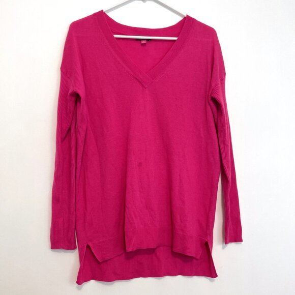 VINCE CAMUTO Magenta Fuchsia Barbie Pink V-Neck High Low Hi-Lo Tunic Sweater S - Picture 2 of 16
